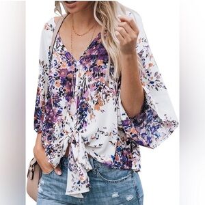 Lovestitch Button Down Tie Front Blouse Size Medium -Large Loose Sleeve Floral